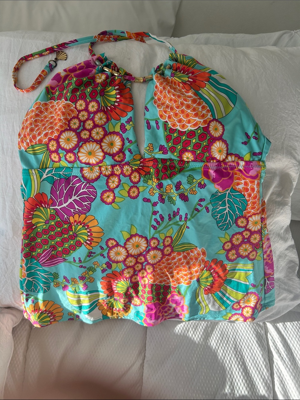 Trina Turk Turquoise Floral Halter Tankini Top with Orange and Pink Accents
